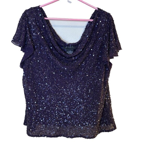 J Kara Tops - JKara Women's Elegant Cowl Neck Sequin Top Plum Sparkle, Plus Size 22W #242